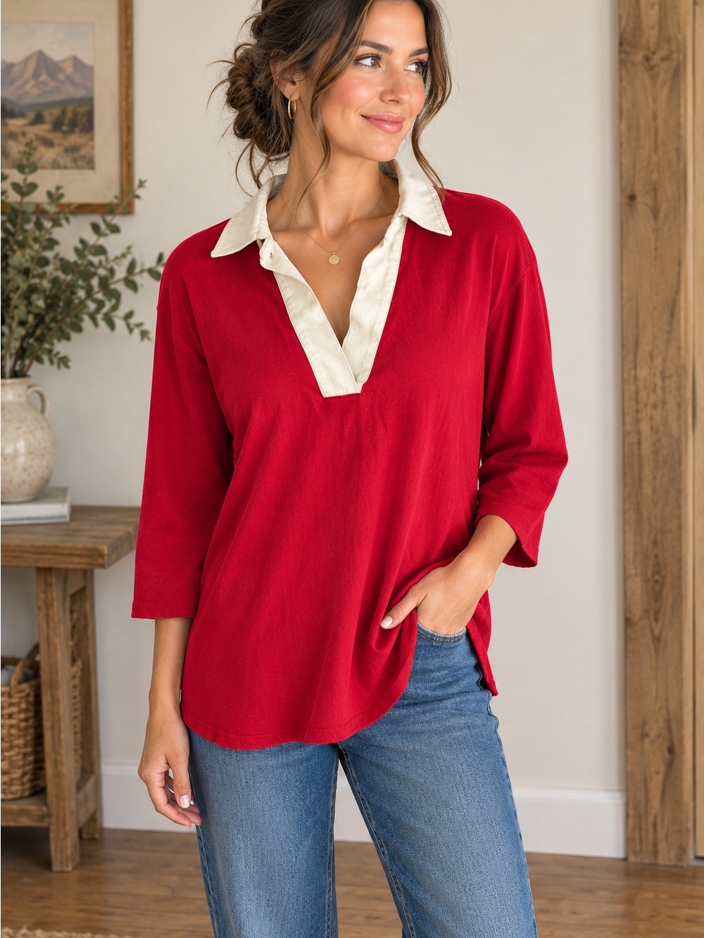 Lands End Womens Red Polo Shirt Large L 14 16 Cotton White Collar V Neck Rugby